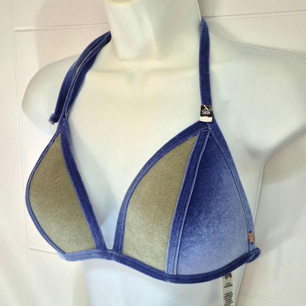 Pink Victoria's Secret Swim Push Up Blue and Gray Velvet Halter Bikini Top L